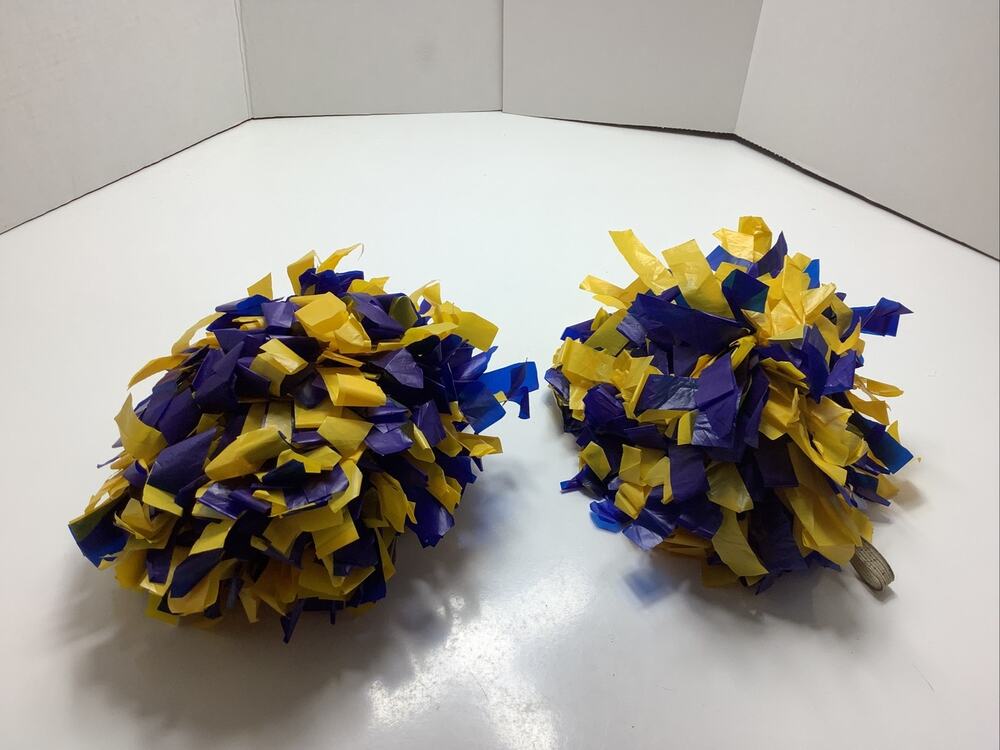Chasse Youth Cheerleader Pom Poms Blue Gold 5" Strands Baton Handle Pair
